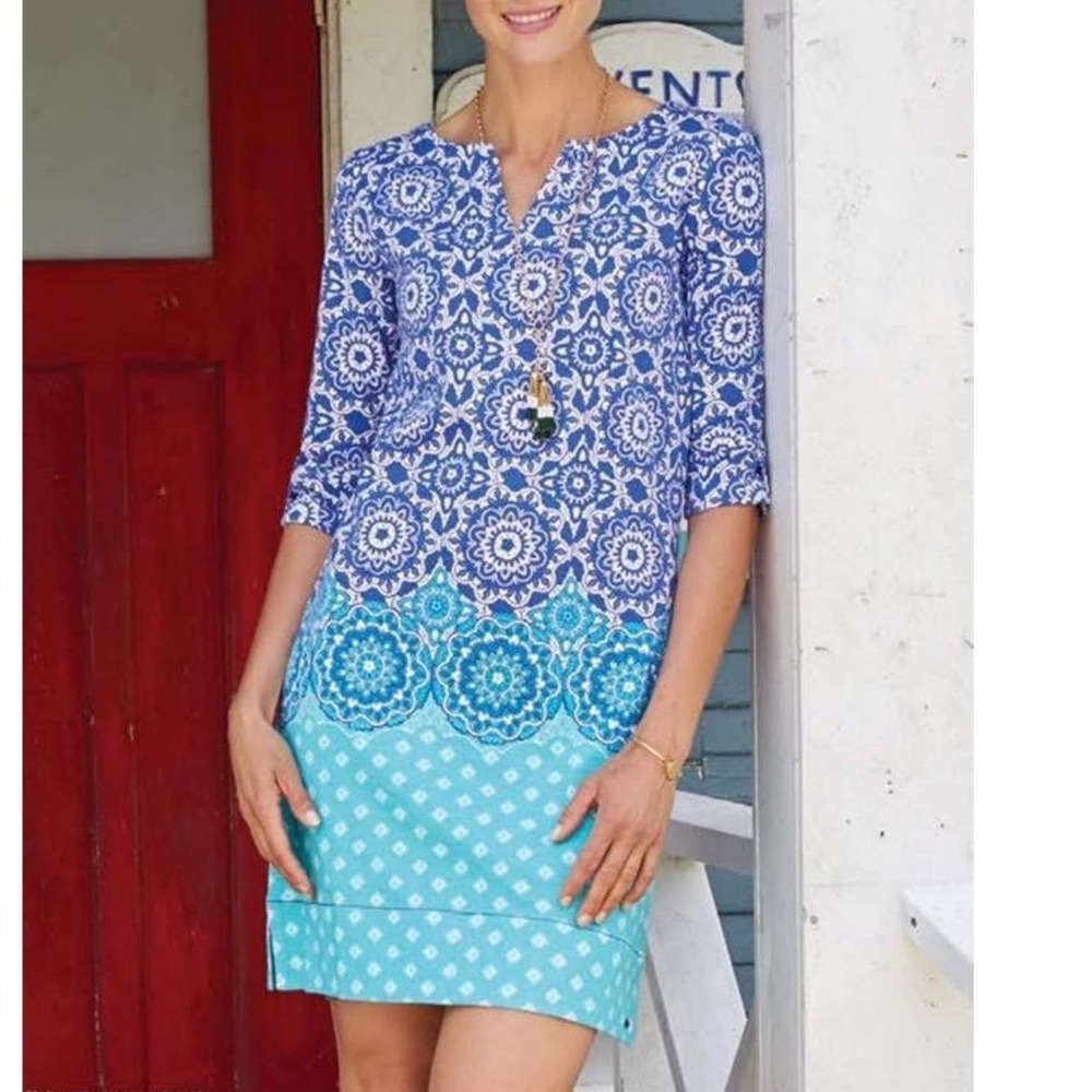 Hatley Women's Medallion Print Blue Green Shift Dress Size Large 100% Cotton‎